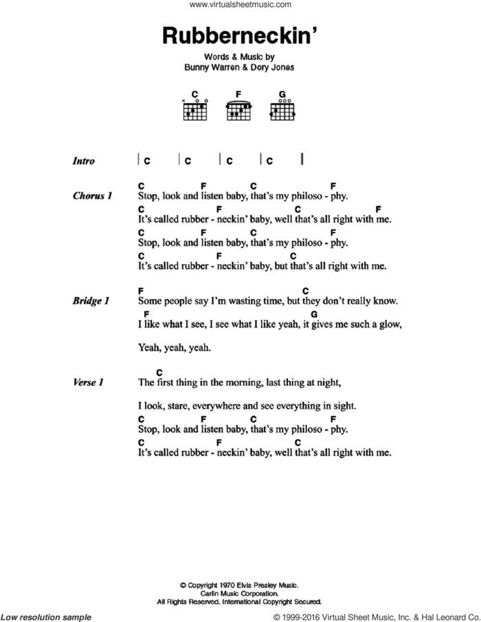Rubberneckin' sheet music for guitar (chords) by Elvis Presley, Bunny Warren and Dory Jones, intermediate skill level