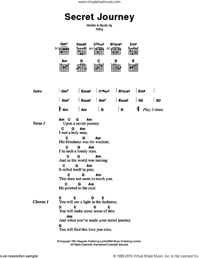 Secret Journey sheet music for guitar (chords) by The Police and Sting, intermediate skill level