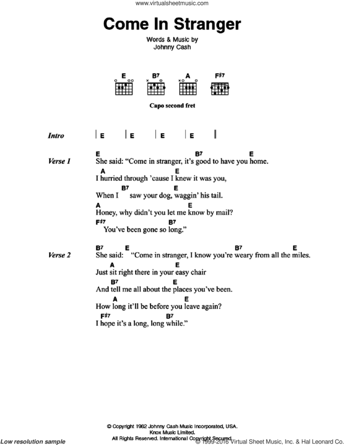 Come In, Stranger sheet music for guitar (chords) by Johnny Cash, intermediate skill level