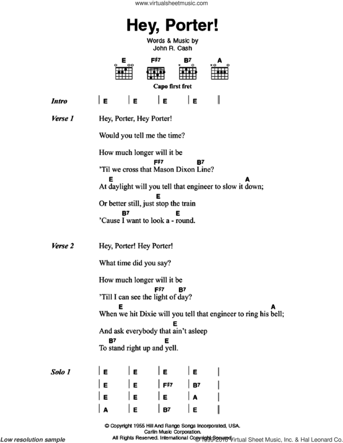 Hey, Porter sheet music for guitar (chords) by Johnny Cash, intermediate skill level