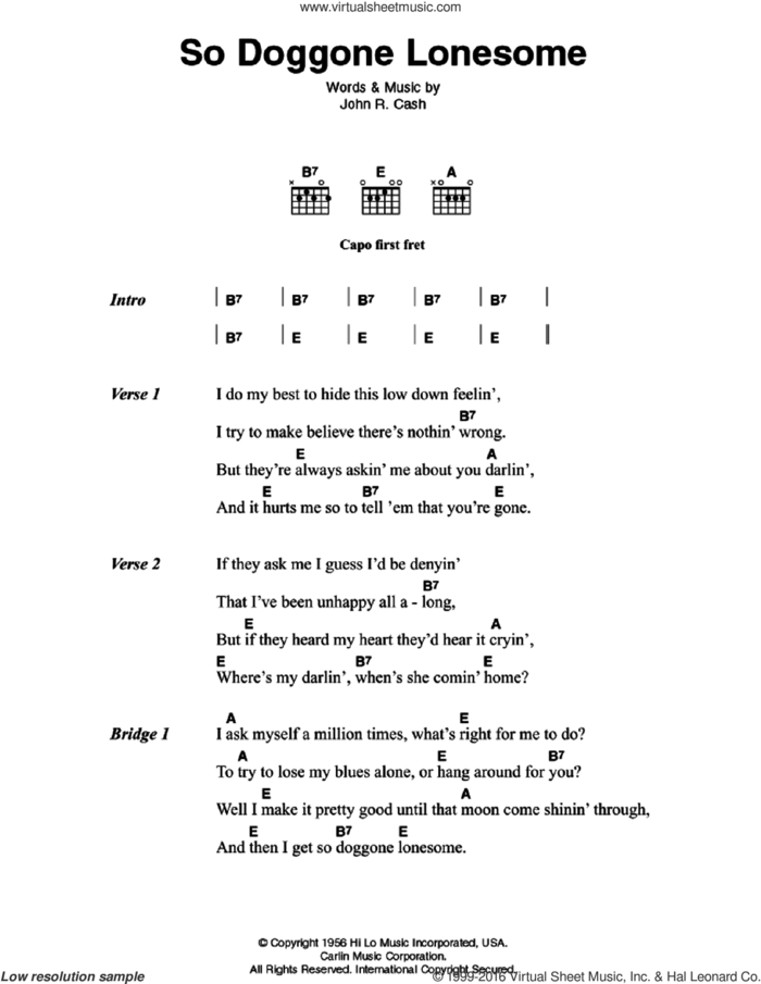 So Doggone Lonesome sheet music for guitar (chords) by Johnny Cash, intermediate skill level