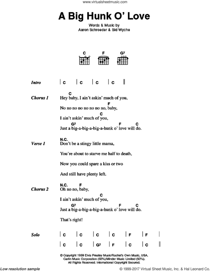 A Big Hunk O' Love sheet music for guitar (chords) by Elvis Presley, Aaron Schroeder and Sid Wyche, intermediate skill level
