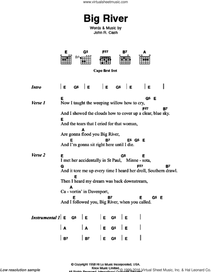 Big River sheet music for guitar (chords) by Johnny Cash, intermediate skill level