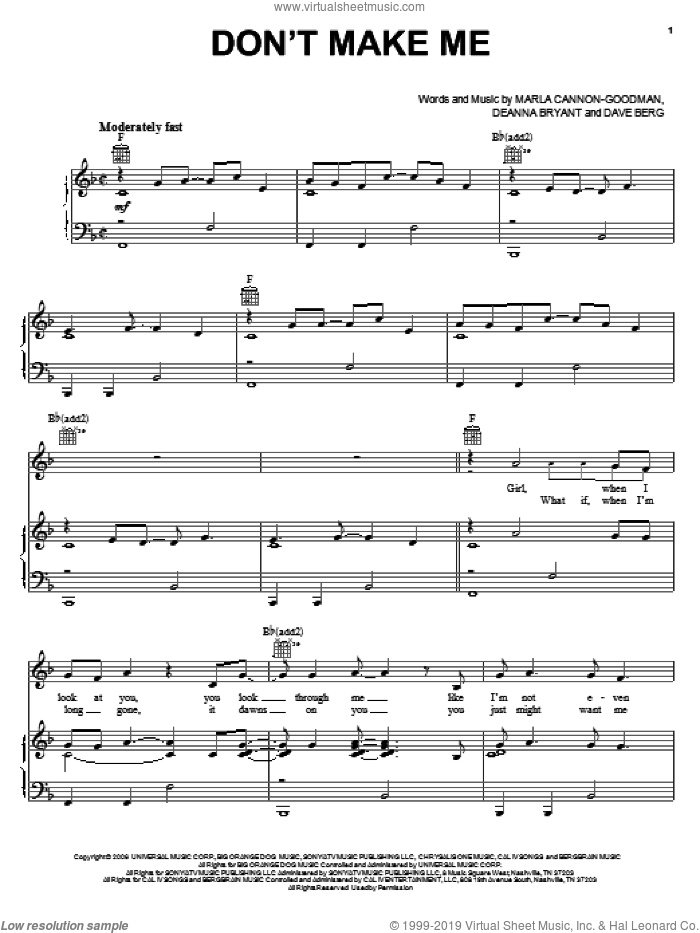 Don't Make Me sheet music for voice, piano or guitar by Blake Shelton, Dave Berg, Deanna Bryant and Marla Cannon-Goodman, intermediate skill level