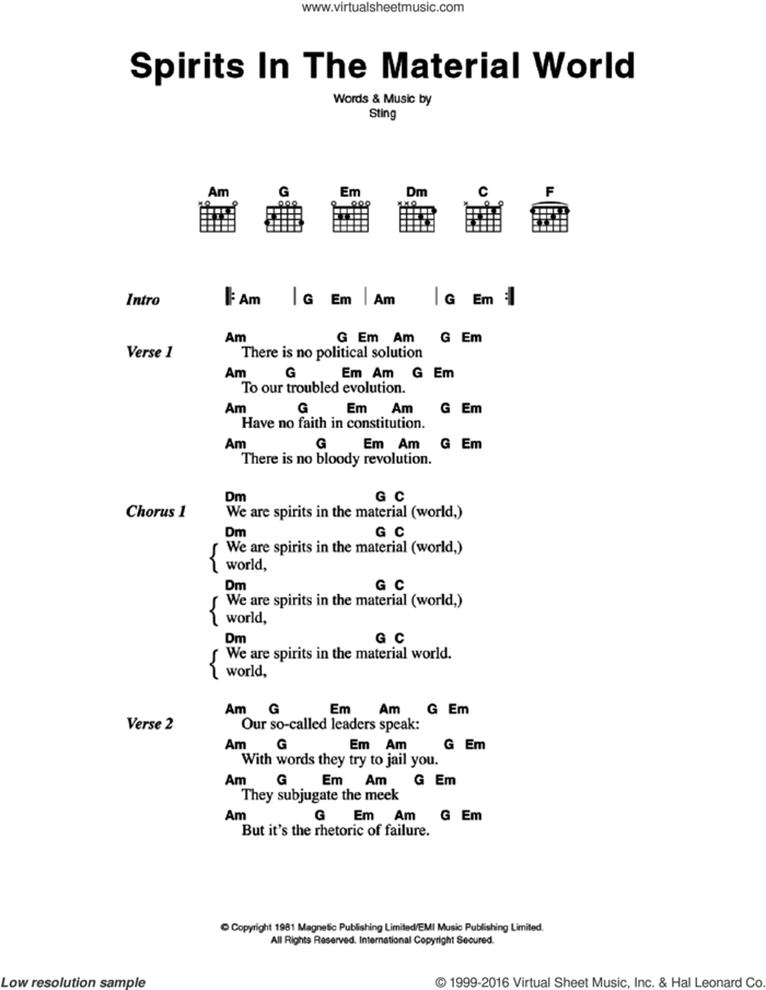 Spirits In The Material World sheet music for guitar (chords) by The Police and Sting, intermediate skill level