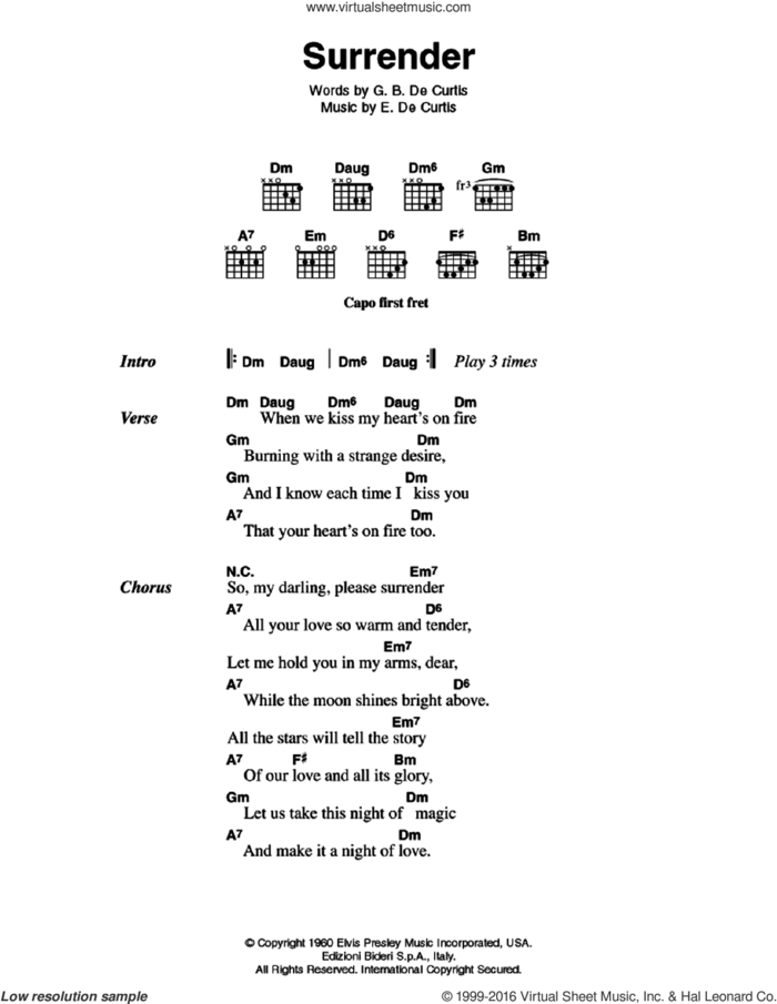 Surrender sheet music for guitar (chords) by Elvis Presley, Doc Pomus, E. De Curtis, G.B. De Curtis and Mort Shuman, intermediate skill level