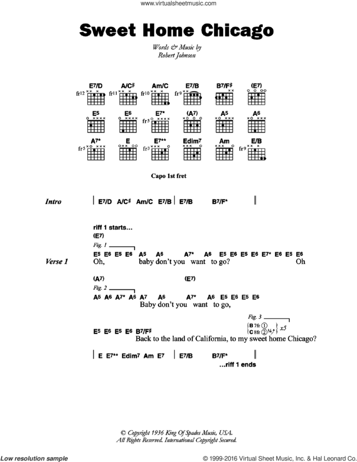 Sweet Home Chicago sheet music for guitar (chords) by Robert Johnson, intermediate skill level