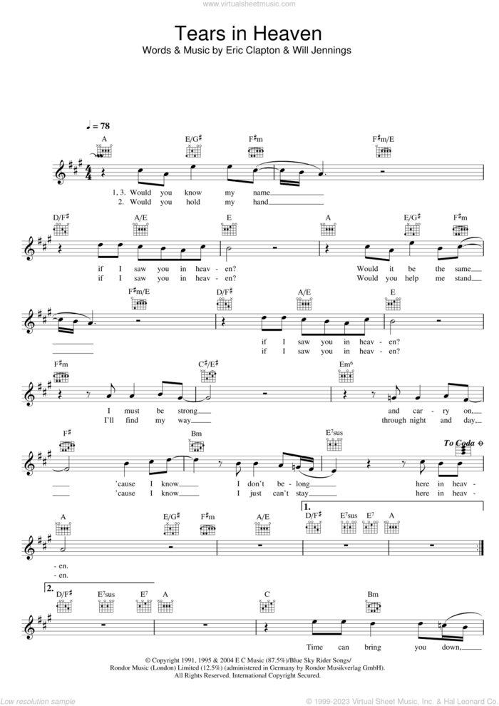 Tears In Heaven sheet music for voice and other instruments (fake book) by Eric Clapton and Will Jennings, intermediate skill level