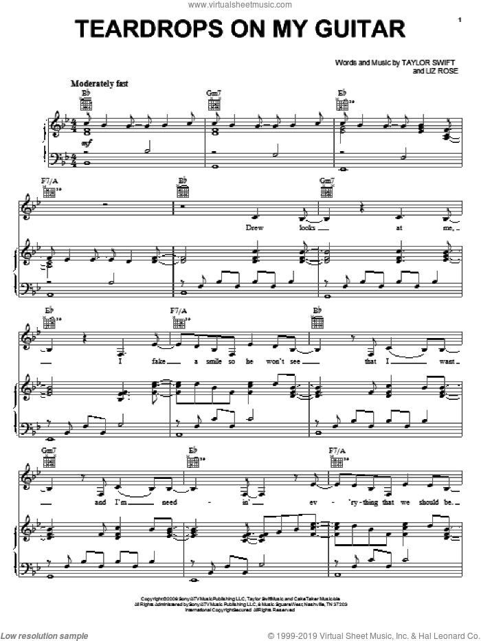 Teardrops On My Guitar sheet music for voice, piano or guitar by Taylor Swift and Liz Rose, intermediate skill level