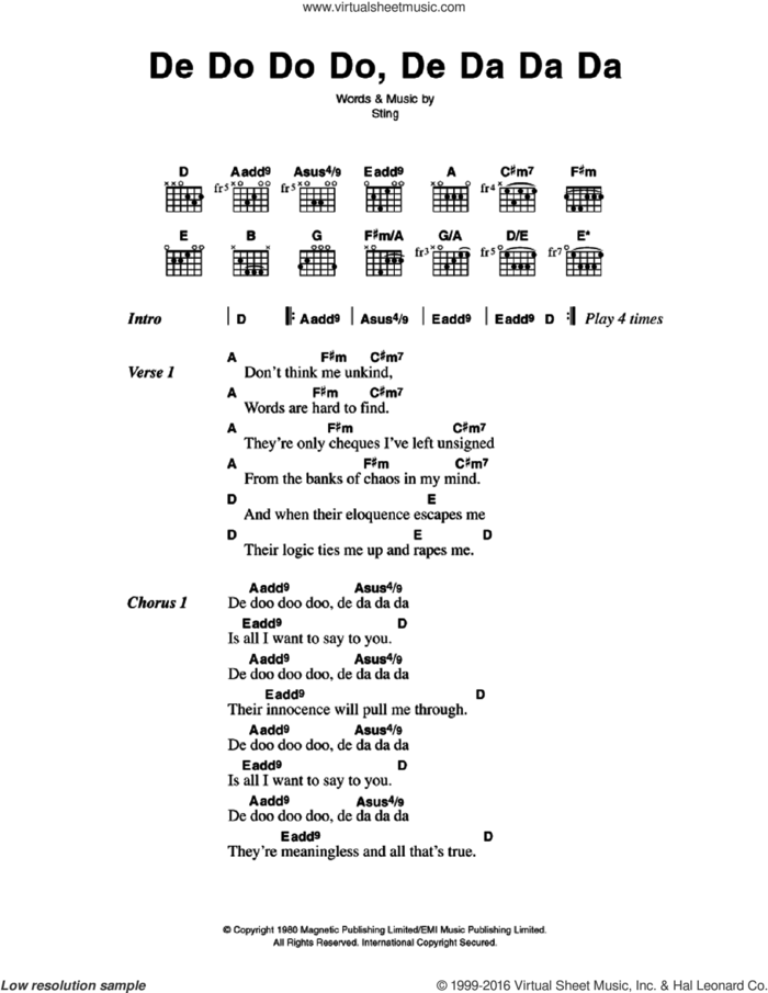 De Do Do Do, De Da Da Da sheet music for guitar (chords) by The Police and Sting, intermediate skill level