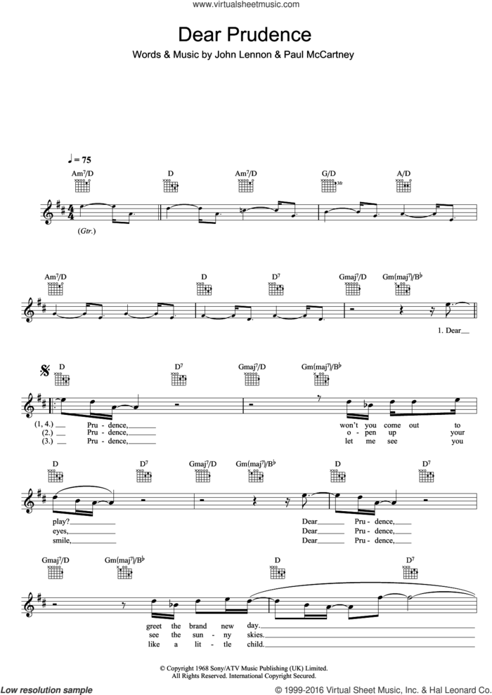 Dear Prudence sheet music for voice and other instruments (fake book) by The Beatles, John Lennon and Paul McCartney, intermediate skill level