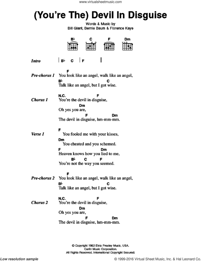 (You're The) Devil In Disguise sheet music for guitar (chords) by Elvis Presley, Bernie Baum, Bill Giant and Florence Kaye, intermediate skill level