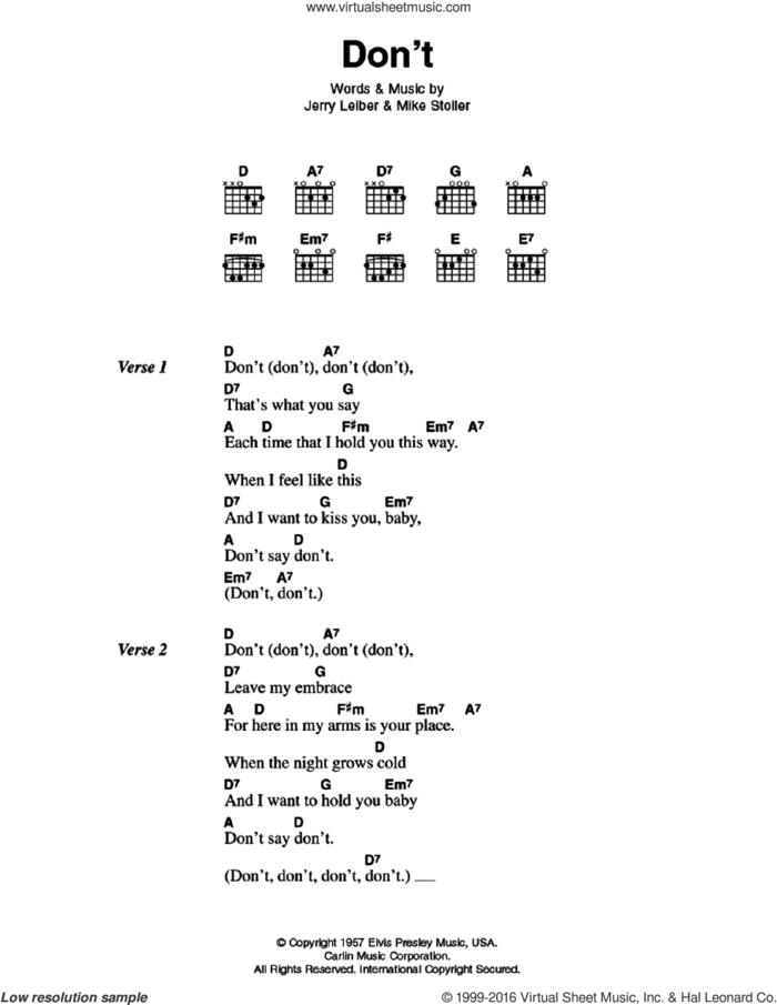 Don't sheet music for guitar (chords) by Elvis Presley, Jerry Leiber and Mike Stoller, intermediate skill level