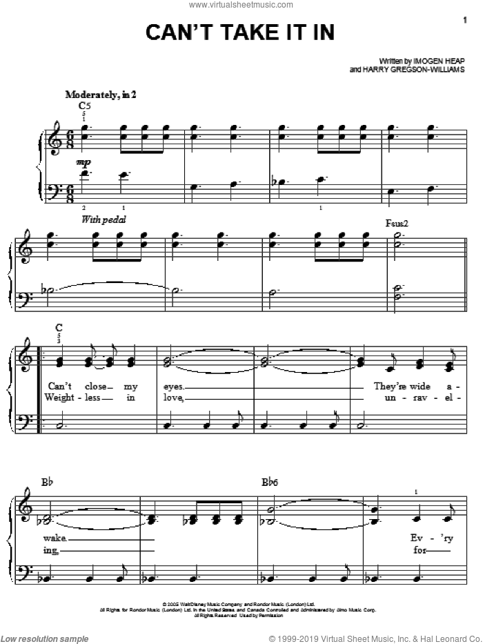 Can't Take It In sheet music for piano solo by Imogen Heap, The Chronicles of Narnia: The Lion, The Witch And The Wardrobe  and Harry Gregson-Williams, easy skill level