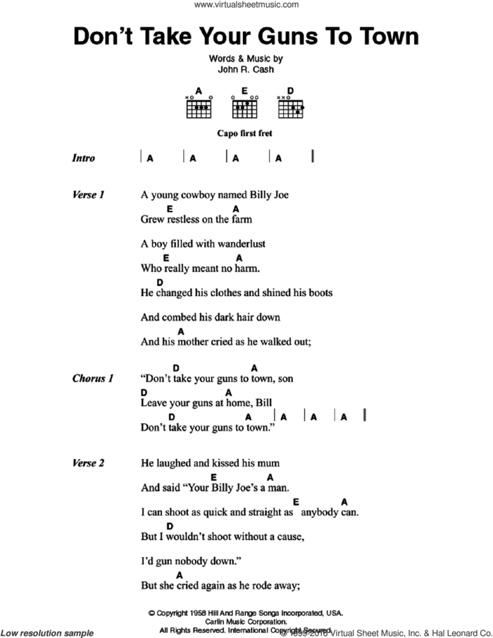 Don't Take Your Guns To Town sheet music for guitar (chords) by Johnny Cash, intermediate skill level