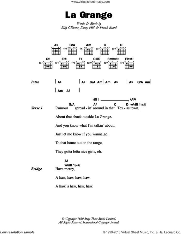 La Grange sheet music for guitar (chords) by ZZ Top, Billy Gibbons, Dusty Hill and Frank Beard, intermediate skill level