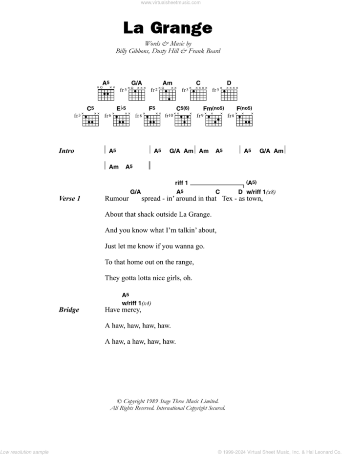 La Grange sheet music for guitar (chords) by ZZ Top, Billy Gibbons, Dusty Hill and Frank Beard, intermediate skill level