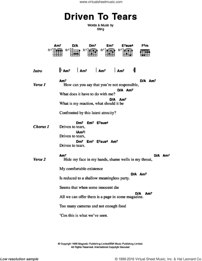 Driven To Tears sheet music for guitar (chords) by The Police and Sting, intermediate skill level