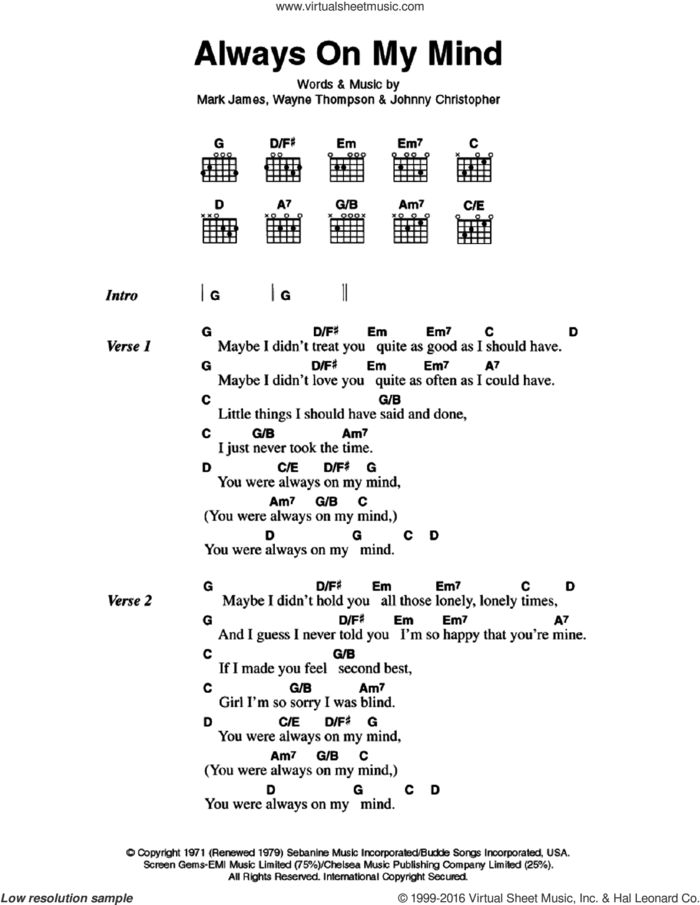 Always On My Mind sheet music for guitar (chords) by Elvis Presley, Johnny Christopher, Mark James and Wayne Thompson, intermediate skill level