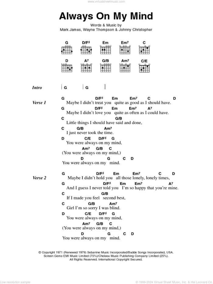 Always On My Mind sheet music for guitar (chords) by Elvis Presley, Johnny Christopher, Mark James and Wayne Thompson, intermediate skill level