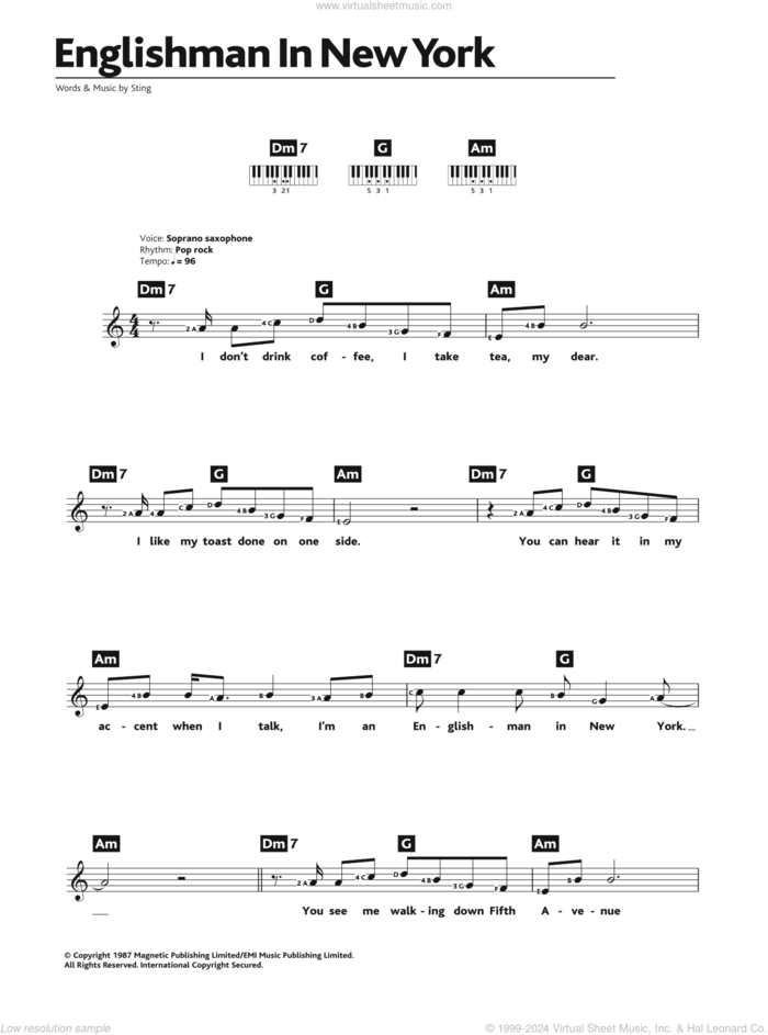 An Englishman In New York sheet music for piano solo (chords, lyrics, melody) by Sting, intermediate piano (chords, lyrics, melody)