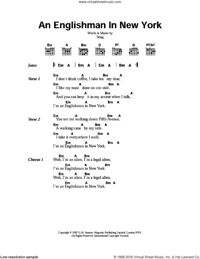 An Englishman In New York sheet music for guitar (chords) by Sting, intermediate skill level
