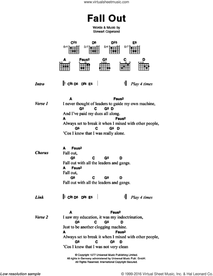 Fall Out sheet music for guitar (chords) by The Police and Stewart Copeland, intermediate skill level