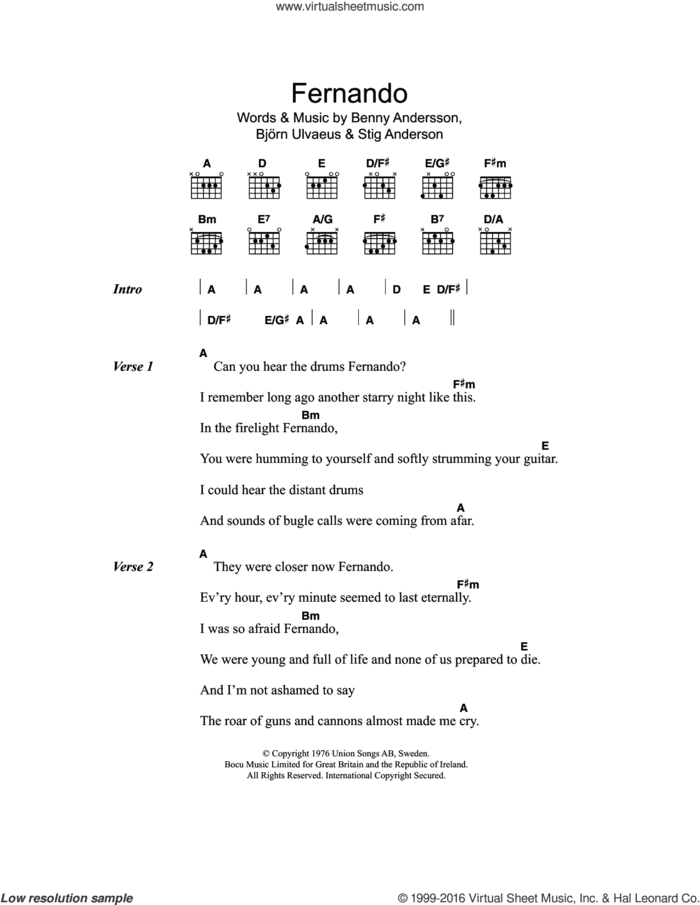 Fernando sheet music for guitar (chords) by ABBA, Benny Andersson, Bjorn Ulvaeus and Stig Anderson, intermediate skill level
