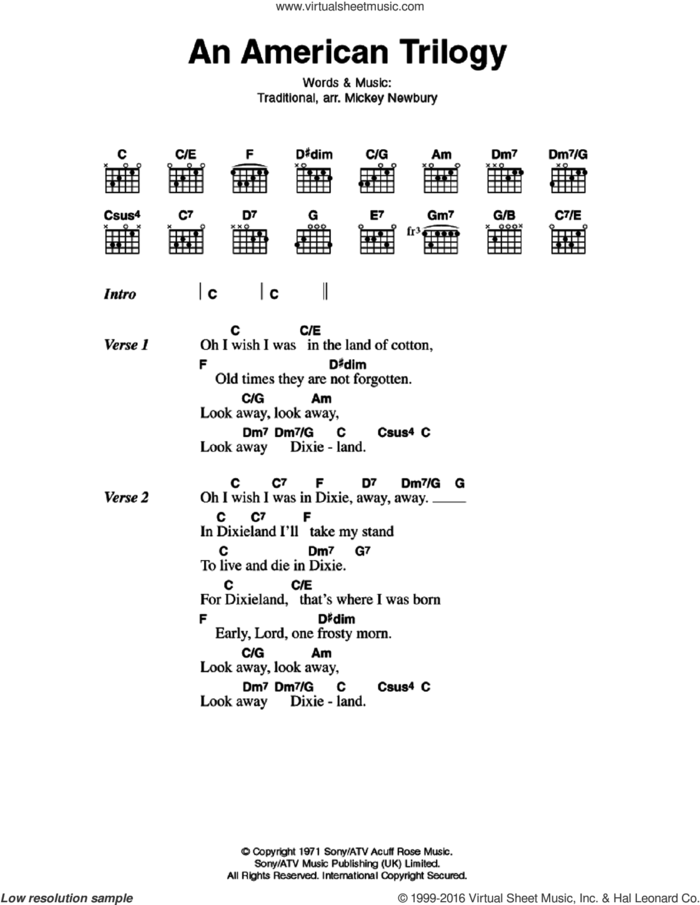 An American Trilogy sheet music for guitar (chords) by Elvis Presley and Miscellaneous, intermediate skill level