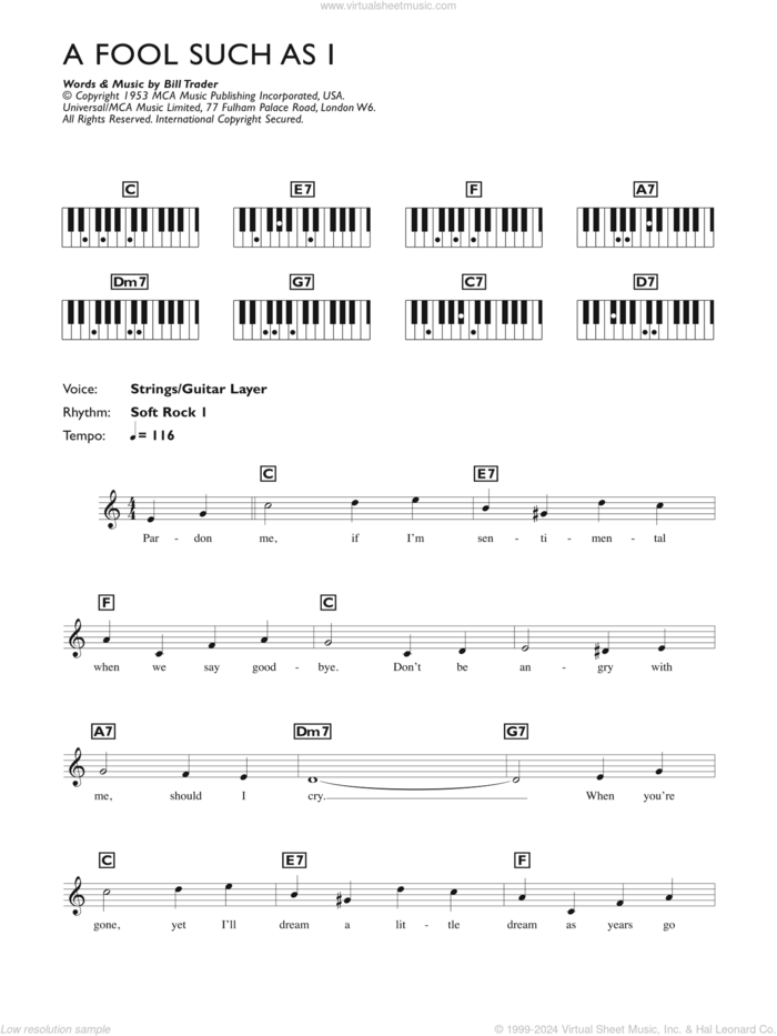 (Now And Then There's) A Fool Such As I sheet music for piano solo (chords, lyrics, melody) by Elvis Presley and Bill Trader, intermediate piano (chords, lyrics, melody)