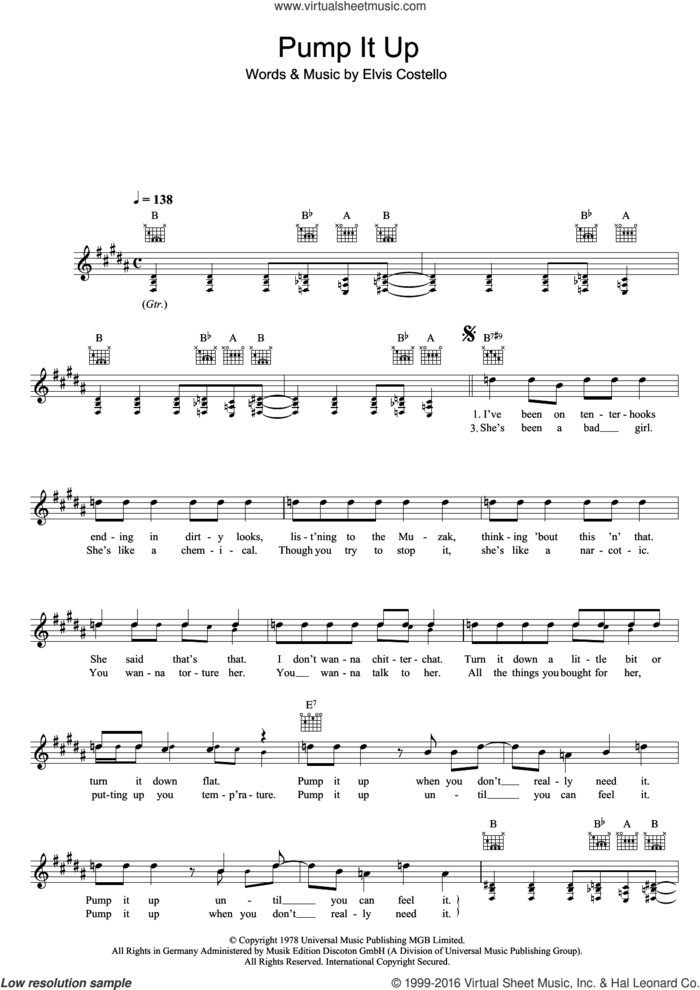 Pump It Up sheet music for voice and other instruments (fake book) by Elvis Costello, intermediate skill level