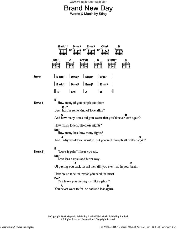 Brand New Day sheet music for guitar (chords) by Sting, intermediate skill level