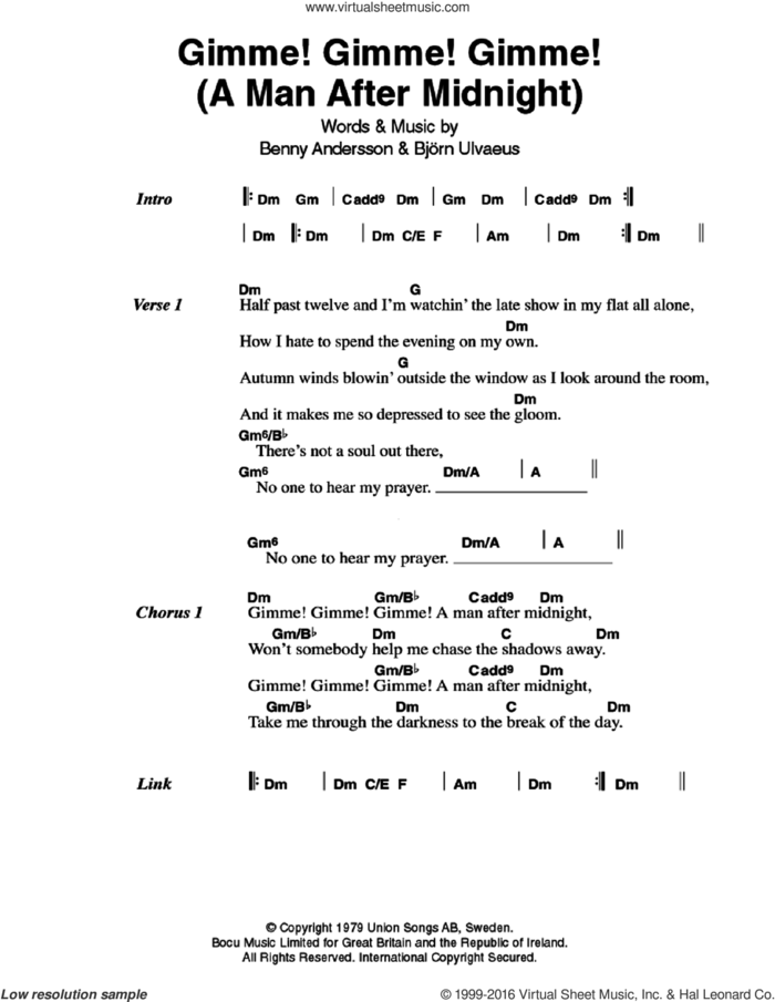Gimme! Gimme! Gimme! (A Man After Midnight) sheet music for guitar (chords) by ABBA, Benny Andersson and Bjorn Ulvaeus, intermediate skill level