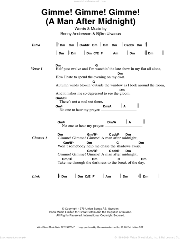 Gimme! Gimme! Gimme! (A Man After Midnight) sheet music for guitar (chords) by ABBA, Benny Andersson and Bjorn Ulvaeus, intermediate skill level