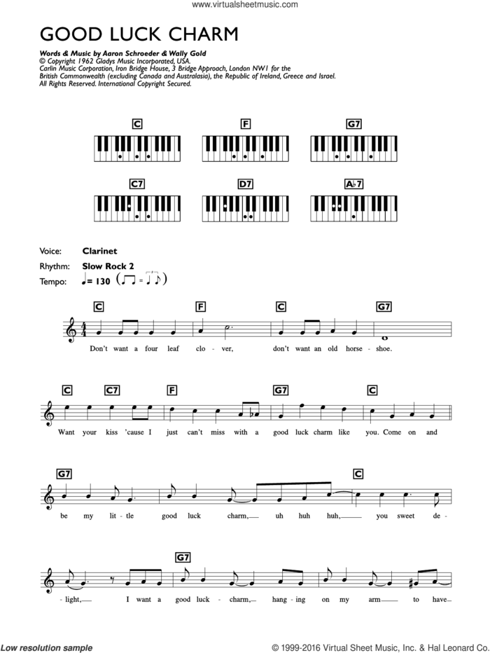 Good Luck Charm sheet music for piano solo (chords, lyrics, melody) by Elvis Presley, Aaron Schroeder and Wally Gold, intermediate piano (chords, lyrics, melody)