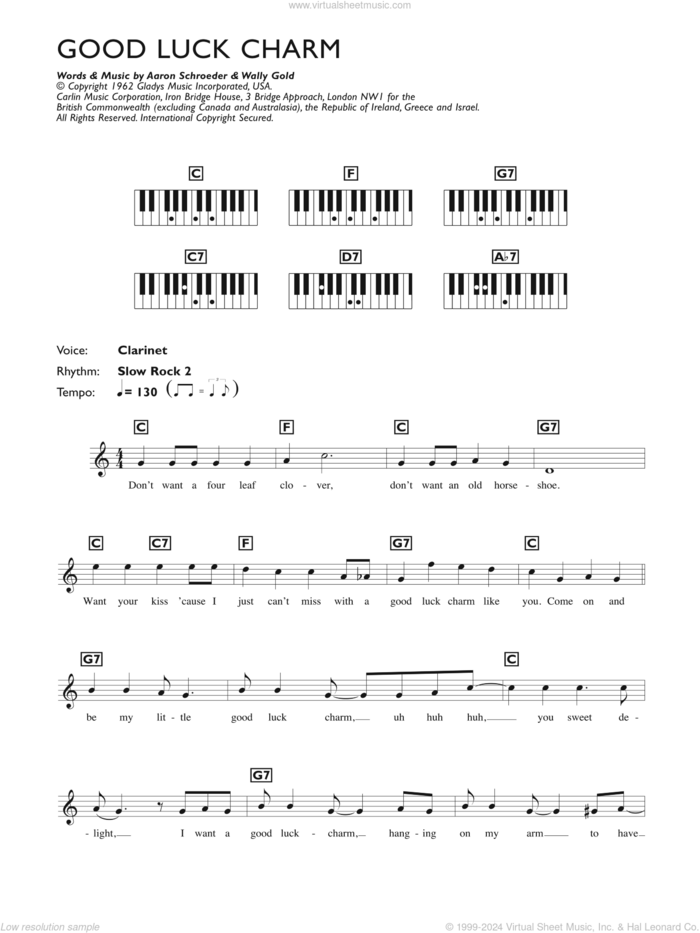 Good Luck Charm sheet music for piano solo (chords, lyrics, melody) by Elvis Presley, Aaron Schroeder and Wally Gold, intermediate piano (chords, lyrics, melody)