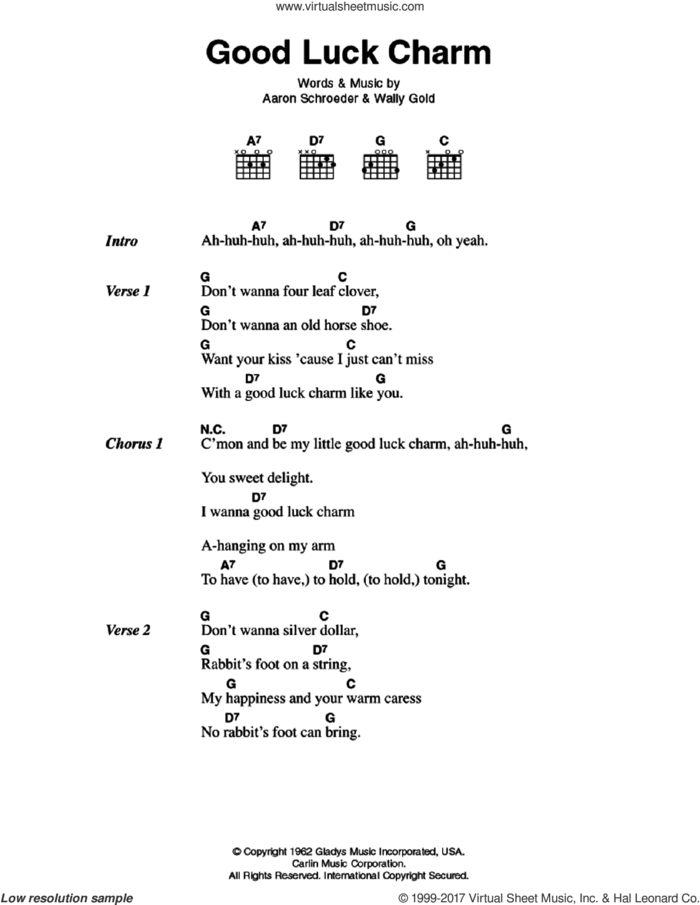 Good Luck Charm sheet music for guitar (chords) by Elvis Presley, Aaron Schroeder and Wally Gold, intermediate skill level