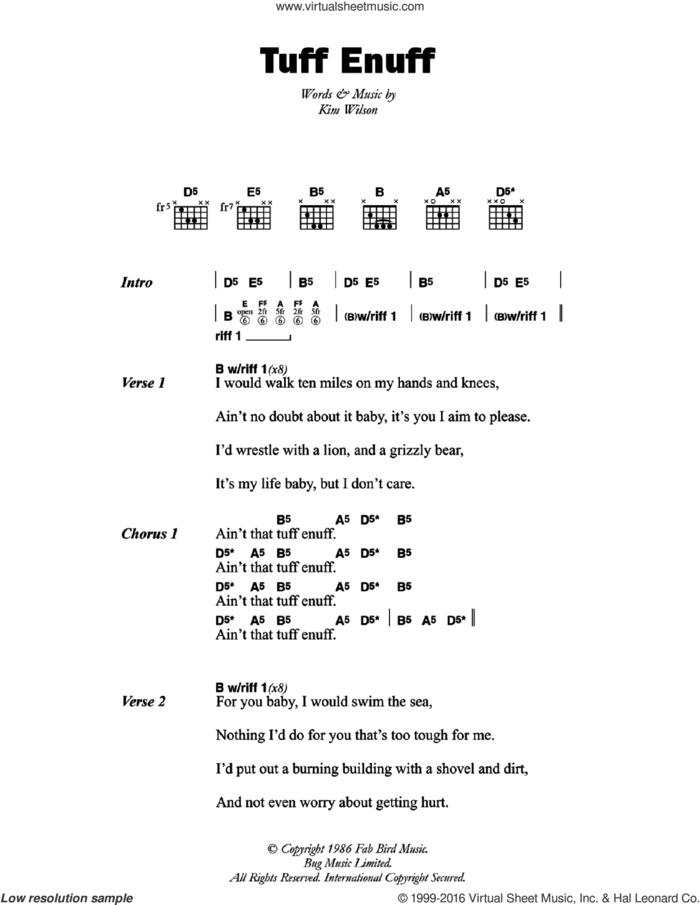 Tuff Enuff sheet music for guitar (chords) by The Fabulous Thunderbirds and Kim Wilson, intermediate skill level