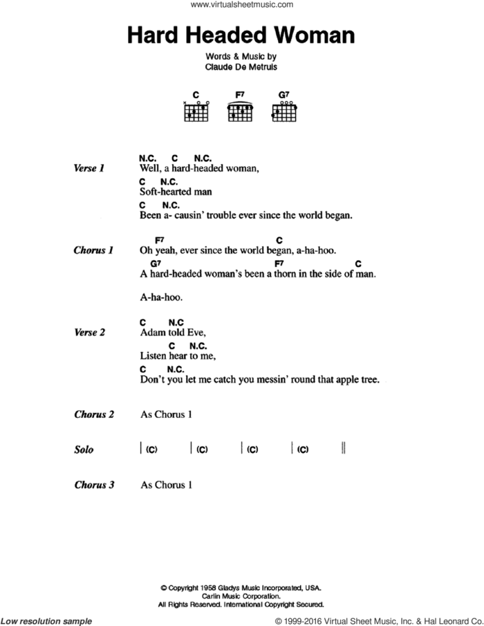 Hard Headed Woman sheet music for guitar (chords) by Elvis Presley and Claude DeMetruis, intermediate skill level
