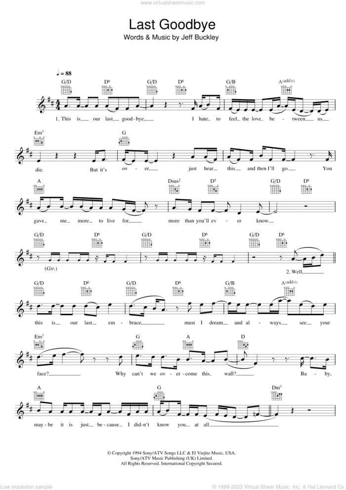 Last Goodbye sheet music for voice and other instruments (fake book) by Jeff Buckley, intermediate skill level