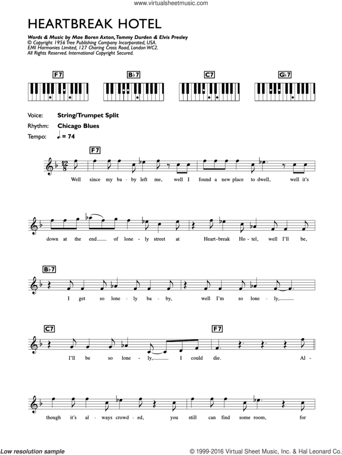 Heartbreak Hotel sheet music for piano solo (chords, lyrics, melody) by Elvis Presley, Mae Boren Axton and Tommy Durden, intermediate piano (chords, lyrics, melody)