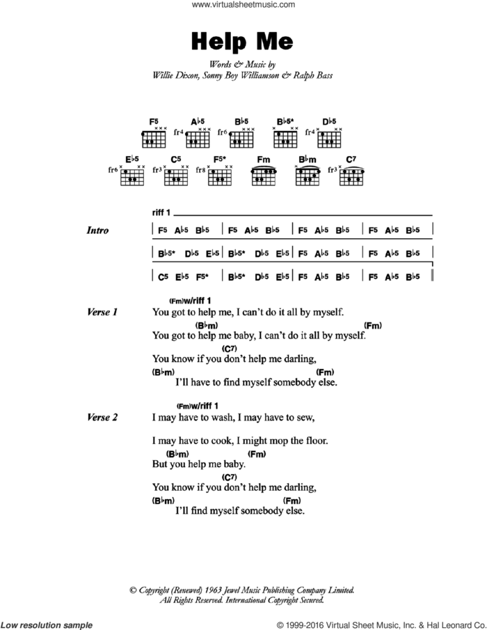 Help Me sheet music for guitar (chords) by Sonny Boy Williamson, Ralph Bass and Willie Dixon, intermediate skill level