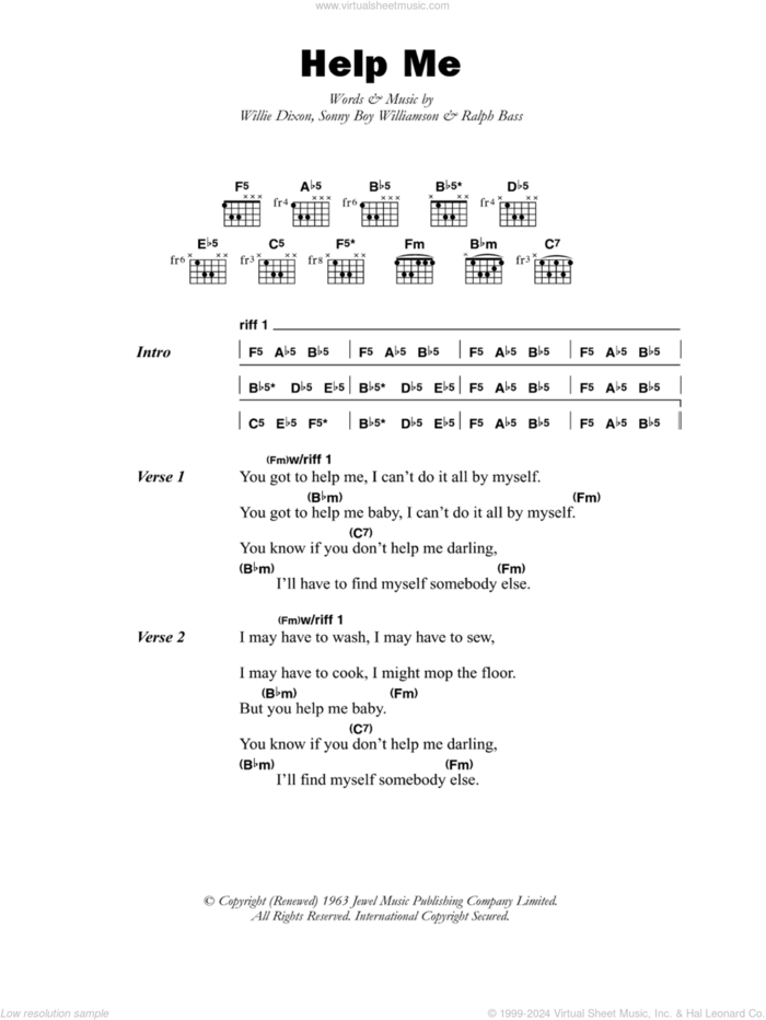 Help Me sheet music for guitar (chords) by Sonny Boy Williamson, Ralph Bass and Willie Dixon, intermediate skill level