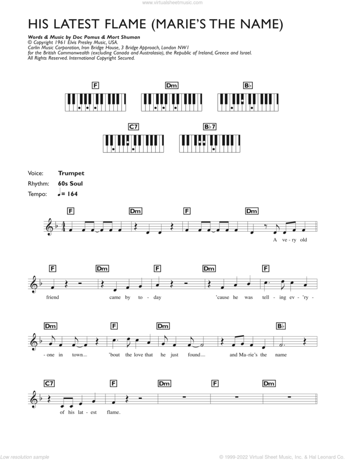 (Marie's The Name) His Latest Flame sheet music for piano solo (chords, lyrics, melody) by Elvis Presley, Doc Pomus and Mort Shuman, intermediate piano (chords, lyrics, melody)