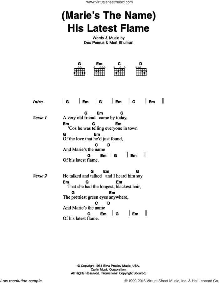 (Marie's The Name) His Latest Flame sheet music for guitar (chords) by Elvis Presley, Doc Pomus and Mort Shuman, intermediate skill level