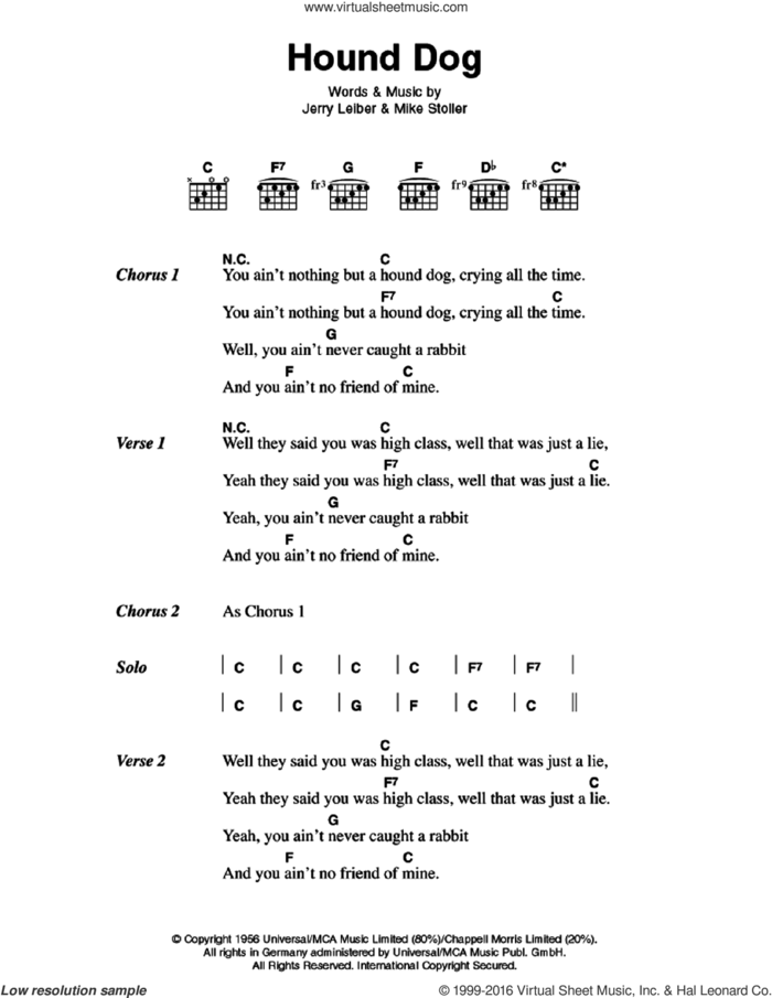 Hound Dog sheet music for guitar (chords) by Elvis Presley, Jerry Leiber and Mike Stoller, intermediate skill level