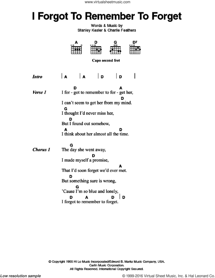 I Forgot To Remember To Forget sheet music for guitar (chords) by Elvis Presley, Charlie Feathers and Stanley Kesler, intermediate skill level