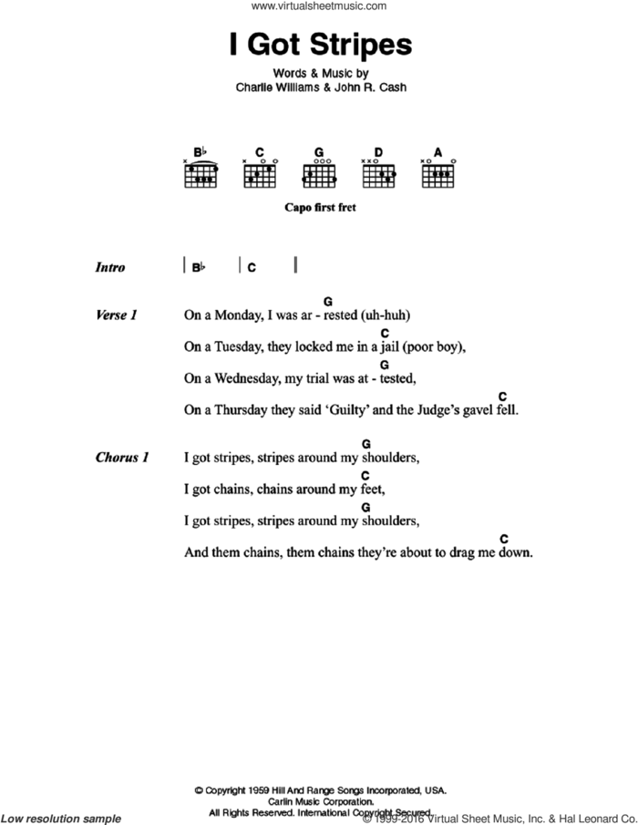 I Got Stripes sheet music for guitar (chords) by Johnny Cash and Charles Williams, intermediate skill level