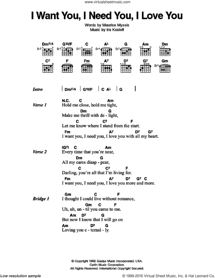 I Want You, I Need You, I Love You sheet music for guitar (chords) by Elvis Presley, Ira Kosloff and Maurice Mysels, intermediate skill level