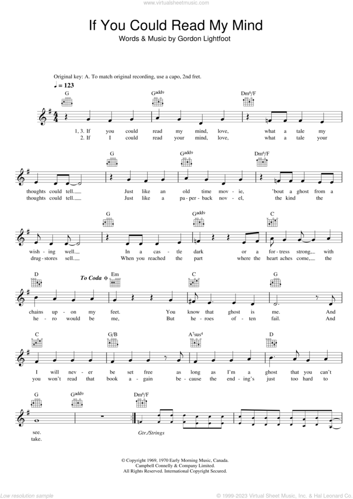 If You Could Read My Mind sheet music for voice and other instruments (fake book) by Gordon Lightfoot, intermediate skill level